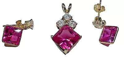 14K Yellow GOLD Ruby & Diamondique CZ PENDANT & EARRING SET (no Chain • $134