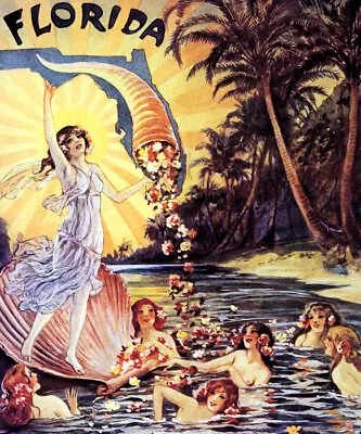 Girl Mermaids Lake Florida Island Flowers Cornucopia Travel Vintage Poster Repro • $10.96