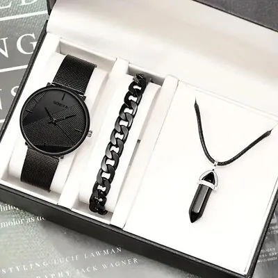 Fashion Stainless Steel Mesh Band Quartz Watch Black Necklace Bracelet Set Gift • $21.98