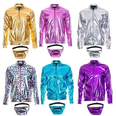 70s 80s 90s Foil Metallic Shiny RAVE Bomber Jacket Hologram Festival Fancy Dress • £18.99