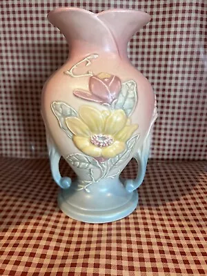 HULL POTTERY Magnolia Matte Double Handle Vase Pink Yellow Green 8 1/2  USA 2 • £24.11