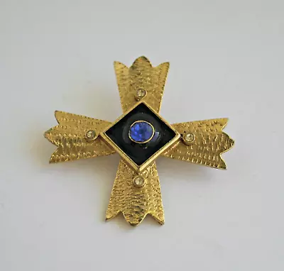 Pisces Gold Tone Maltese Square Cross Brooch Pin Blue & Clear Rhinestones Signed • $18