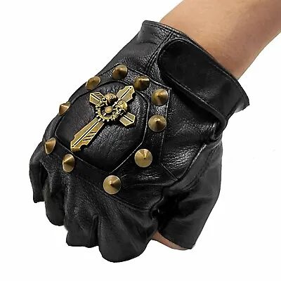 Steampunk Vintage Leather Gloves Mens Biker Rock Studded Fingerless Gloves • $15