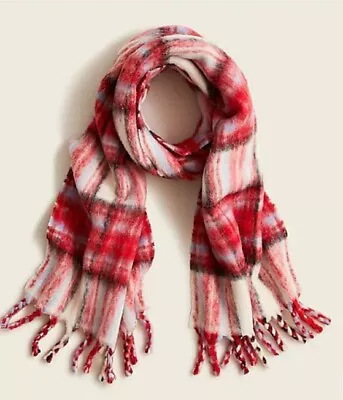 J. Crew Plaid Scarf In Textured Wool Red/Ivory Oversized Wrap 72” X 16” • $24.99