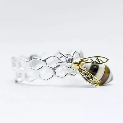 Silver Honeycomb Ring Baltic Amber Bee Ring Geometric Ring Hexagon Bee Gold Ring • £49.99