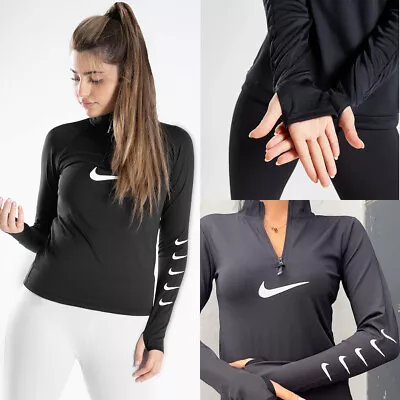 Nike Womens Running Swoosh 1/4 Zip Top Sweatshirt Black Gym Sportwear • £17.99