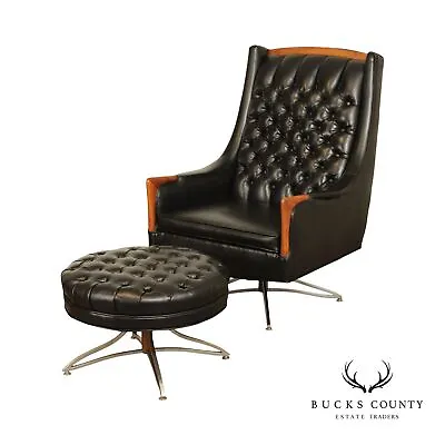 Kroehler Midcentury Modern Black Tufted Swivel Lounge Chair And Ottoman • $1895