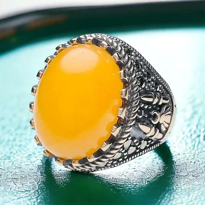 Men Yellow Natural Agate Men Ring Sterling Silver Vintage Oval Mosque Design • $52