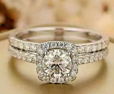 2.50 Ct Round Cut Moissanite Halo Engagement Bridal Ring Set 925 Sterling Silver • $179.99