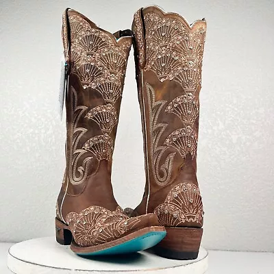 NEW Lane CALYPSO Brown Cowboy Boots 7 Leather Snip Toe Bridal Bling Wide Calf • $325