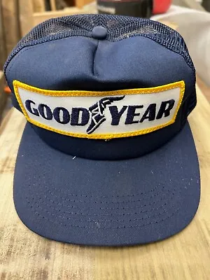 Vintage Goodyear  Vented Adjus Strap Trucker Hat / Ball Cap Blue Gold & White • $11