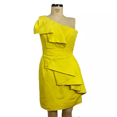 Shoshanna Yellow One Shoulder Abstract Ruffle Silk/cotton Dress Size 8 NWT • $47.40