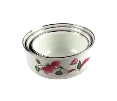 MIKASA Silk Flowers #F3003 Set Of 3 Metal Enamel 5 6 & 7  Nesting Storage Bowls • $29.99