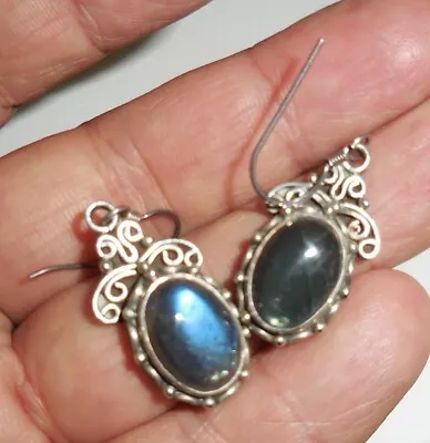 Vintage Sterling Silver Earrings Blue Sapphire Stones Design Nr • $6.99