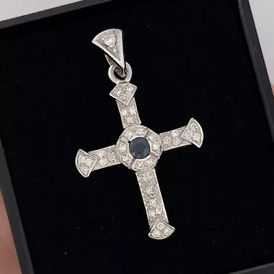 18ct White Gold Sapphire & Diamond Cluster Cross Pendant Hallmarked • £399.50