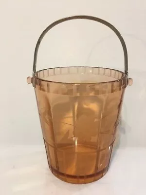 Vintage Pink Depression Glass Ice Bucket Metal Handle Etched Flower • $29.99