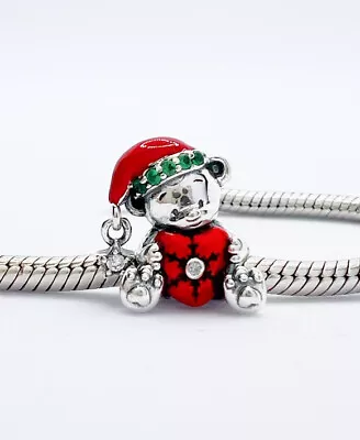 💖 Cute Christmas Teddy Bear Charm Bead  Love Genuine 925 Sterling Silver 💖 • £18.95