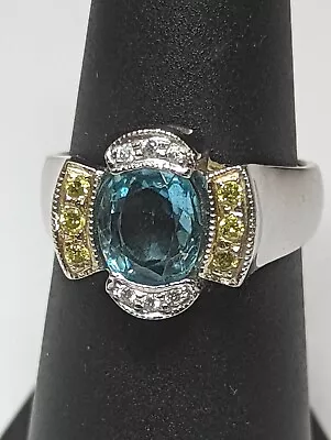 Vtg Blue Zircon White & Yellow Diamond Cocktail Ring 14K Solid White Gold 7.7g • $598.95