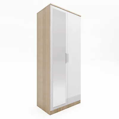 High Gloss 2 Door Wardrobe White&Oak Storage Hanging Rail Furniture With Mirror • £123.99