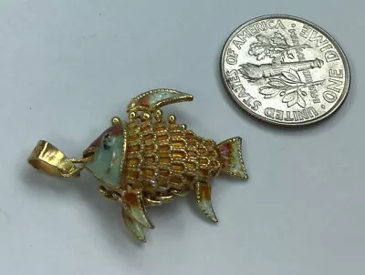 Gold Over Sterling Silver-Green/white Enamel-3 D-movable Fish Pendant/Charm • $24