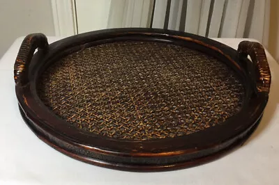 Vintage Hand Made Bamboo & Wood Round Serving Tray With Handles 16.5”x16.5” • $59.99