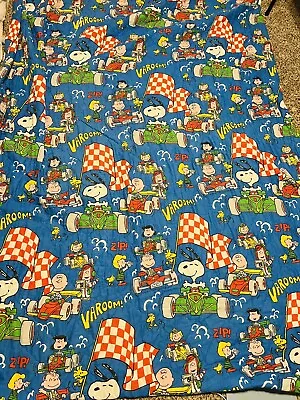 VINTAGE RARE Charlie Brown Racing Blanket Peanuts Full Size 1960’s Snoopy • $85