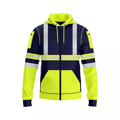 High Visibility Hoodie Jacket Zips Pocket Front Zip Contrast Hooded Sweat Shirts • £24.99