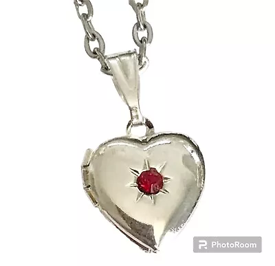 Vintage Silver Heart Locket Necklace Dainty Small Charm 18  Plated Red Stone • $10.99