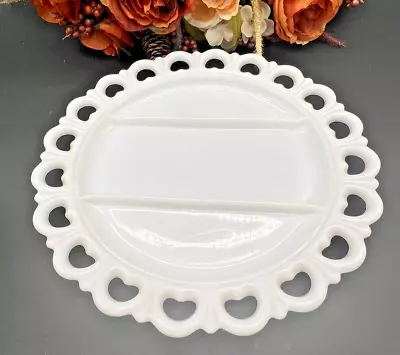 Milk Glass  Divided Serving Platter  Round Lace Heart Edge Vintage 13 Inches • $22