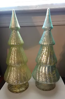 (2) 13.5  Green & Gold Mercury Glass Lighted Christmas Tree Figurines • $65.25