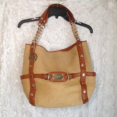 MICHAEL KORS Straw Raffia & Brown Leather Large Shoulder Hobo Tote Bag EUC! • $32.99