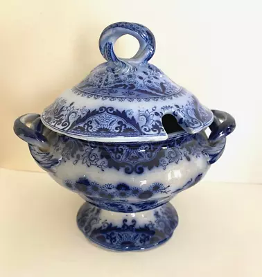 CHUSAN Pattern FLOW BLUE TUREEN Signed S & H Samuel Hancock ANTIQUE 19th C. • $129.31