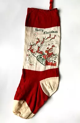 Vintage Merry Christmas Stocking W/Santa Claus In Sleigh With Reindeer 14  1940s • $22