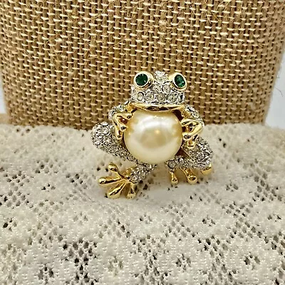 Vintage Brooch Pin  Frog Pond River Faux Pearl Gold Tone  Rhinestone • $9.99
