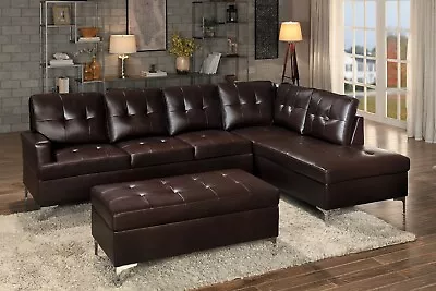 Modern 3-Piece Sectional Sofa L-shape Couch Ottoman Tufted Brown Solid Wood • $1475