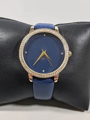 Manhattan By Croton Blue Dial Crystal Accent Bezel Blue Faux Leather Band Watch • $17.49