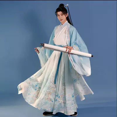 Luxury Embroidery Hanfu Men Chinese Traditional Cosplay Costume Blue Plus Size • £544.01