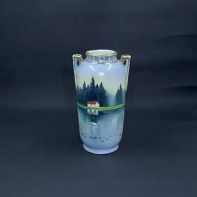 Nippon Vase Japanese Scenic Moriage Hand Painted Porcelain Lake Swan Vintage • $40