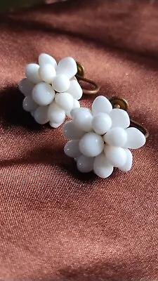 Vintage Western Germany White Milk Glass Flower Cluster Screw Back Earrings  • $17.95