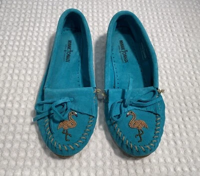 $49 • Buy MINNETONKA Moko Kobayashi Kilty Moccasins - Turquoise Suede Beaded Flamingo 7.5