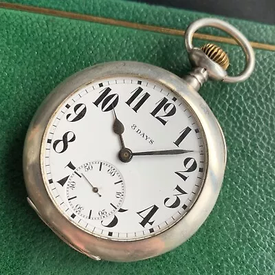 Antique 8 Days Sterling Silver Swiss 53mm Pocket Watch • $450