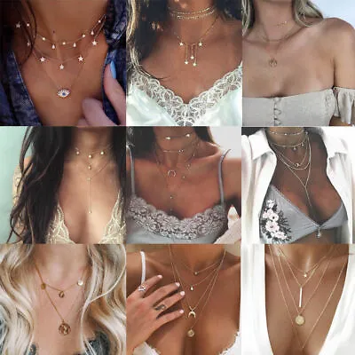 Women Boho Multi-layer Long Chain Pendant Crystal Choker Necklace Jewelry US • $1.67