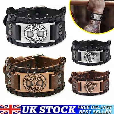 £5.99 • Buy Mens Bracelets Tree Of Life Leather Braided Tribal Wide Viking Wristband Punk Uk