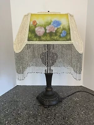 Meyda Tiffany Reverse Roses Table Lamp Beaded Fringe Victorian Style Large 21.5” • $110