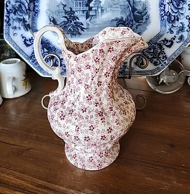 Rare Red Transferware Staffordshire Chintz 8  PITCHER Brooklyn Pattern • $225