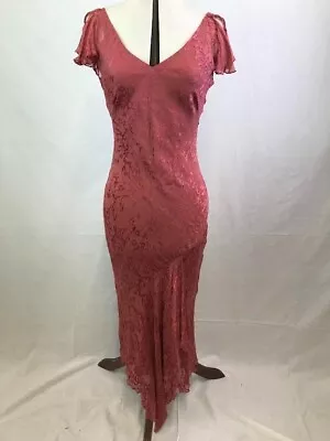 Laura Ashley Vintage 90s Rose Pink Silk Bias Cut Devore Maxi Dress BNWT - Size 8 • £65