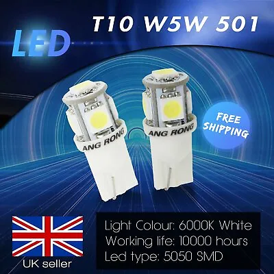 2x T10 W5W 501 Xenon White 5 SMD Auto Car LED Side Light Indicator Light Bulbs • £1.89
