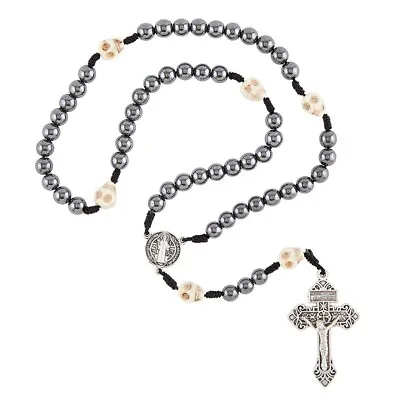 Memento Mori Rosary - Hematite Beads - Skull Pater - Pardon Crucifix 17  W/ Bag • $17.99