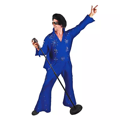 Men's Professional Rock N' Roll King Elvis Jeweled Jumpsuit W/ Cape Costume Blue • $170.98