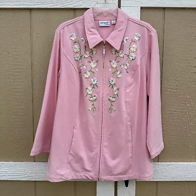 Quaker Factory Dream Jeannes Pink Zip Jacket Embroidered Flowers Plus Size 1X • $29.99